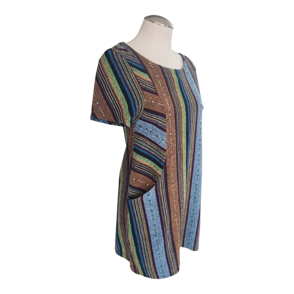 BoHo Hippie Drug Rug Carpet Striped Multicolor Short Sleeve Dress with Pockets L - Picture 2 of 11